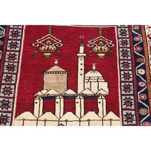 Vintage Turkish <b>Wool</b> Rug 4.1x6.1 ft (125x185 Cm) Eco-Friendly Medium Pile <b>Red</b> Ombr Patchwork Design with Latex Backing - Product Image 5