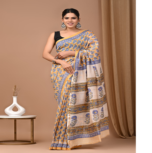 Custom made in light yellow coloured base and blue big floral print traditional hand block printed chanderi <b>silk</b> sarees. - Product Image 1