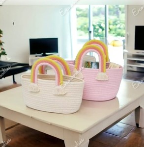 ชุดตะกร้าผ้าทอ2ชิ้นตะกร้าเชือกคอตตอนพร้อมที่จับทนทานชุดแฟชั่นฤดูร้อนของผู้หญิง - Product Image 2