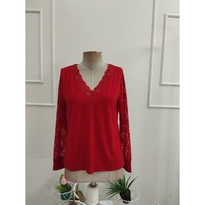 Blusa de viscosa con encaje y cuello en V de manga larga para mujer, 37369 - Rojo - Product Image 4
