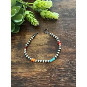 Navajo Strung Bohemian Style Multi-Stone & Sterling Silver <b>Beaded</b> <b>Bracelet</b> with Machine Made Pearl - Product Image 2
