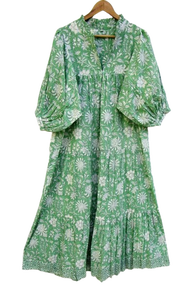 เดรสสั้นลายชนเผ่าสีเขียวฤดูร้อนสำหรับผู้หญิง คอทรงโอ แขนสามส่วน ติดกระดุมด้านหน้า สไตล์โบฮีเมียนลำลอง เป็นมิตรกับสิ่งแวดล้อม ดีไซน์หวาน - Product Image 6