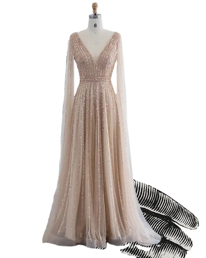 Kanatlı gelin pelerin ile çarpıcı düğün elbisesi, Art Deco süslenmiş abiye pembe şampanya altın ve yeşil ~ melek ~