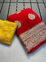 Saree en soie de créateur en Georgette douce avec un beau travail, un saree de fête, un saree de mariage.