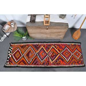 Tapis turc vintage grande surface 2.6x7.4ft ethnique rouge Orange motif abstrait laine matériel 10mm Latex pour couloir chambre décor - Product Image 5