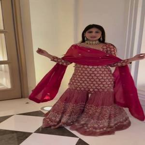 VASTRA COTTAGE Ensemble Sharara de luxe en faux georgette entièrement cousu avec haut, dupatta et travail de fils et de sequins, tenue ethnique traditionnelle pour les fêtes - Product Image 2