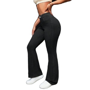 Jean en denim taille haute coupe bootcut noir tendance pour femme grande taille, 100 % coton, écologique, respirant, délavage clair - Product Image 1