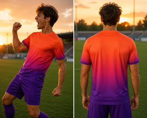 เสื้อฟุตบอลแบบไล่สีส้มม่วง ดีไซน์ลายพระอาทิตย์ตก ระบายอากาศได้ดี แบบซับลิเมชั่น สำหรับทีม ขายส่ง - Product Image 4