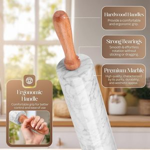 White Marble Rolling Pin 10 Inch with Wooden Handle and Holder Base Stand for <b>Baking</b> Pastry Pizza Dough Fondant Cookies Pie Kit - Product Image 2