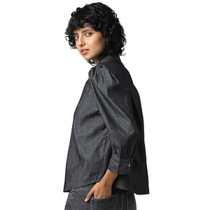 Camisa vaquera gris oscuro de gran tamaño 2025 para mujer, botón largo de estilo Vintage, Algodón ligero transpirable para verano, OEM disponible - Product Image 3