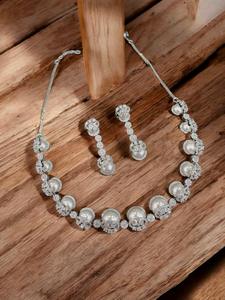 Elegante perla de imitación plateada latón enlace cadena gargantilla collar conjunto-joyería de fiesta nupcial de lujo - Product Image 2