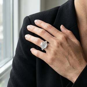 Radiant Marquise Rectangular Luxury Statement <b>Ring</b> Elongated Center Lab Created Zircon Accented Band Rhodium Plated Silver Tone - Product Image 3