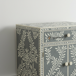 Table de chevet en os gris incrusté artisanal, design floral en forme de vigne, avec tiroir et armoire - Product Image 4