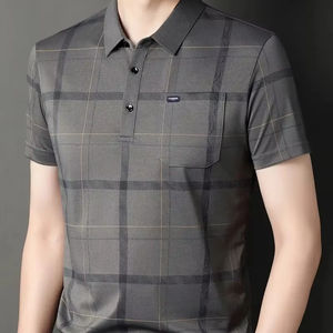 Camisa de golf a rayas para hombre con bolsillo en el pecho, camisa de manga corta con medio botón de solapa transpirable informal para ropa de estilo al aire libre - Product Image 1