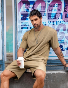 Streetwear d'été décontracté pour hommes, survêtement en coton délavé à l'acide, ensemble 2 pièces t-shirt et short - Product Image 1