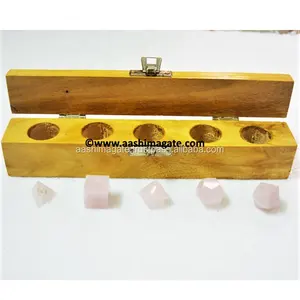 Conjunto de piedras preciosas de cuarzo rosa con caja de madera, Set de 5 unidades de geometría con caja de madera, curación, Reiki, meditación, platónico