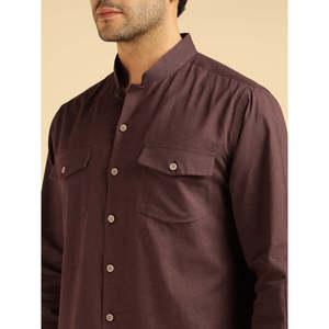 Ensemble coordonné Amanush pour homme en coton marron uni, chemise à manches longues à col mandarin, pantalon longueur cheville, décontracté, respirant, été, 2 pièces - Product Image 2