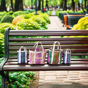 Bolsos de rayas multicolores ecológicos para mujer, fabricados en India, bolsas tejidas de nailon reciclado para compras al aire libre con dos asas - Product Image 3