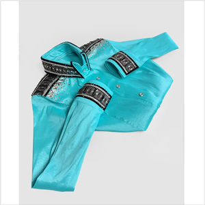 Hermosa camisa de espectáculo occidental de tafetán elástico Aqua Black Charcoal White Color Stone Detailing Collar Cuffs & Shoulders - Product Image 1