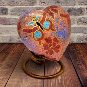 Classic Heart Shape <b>Keepsake</b> Urn for Human Ashes with <b>Box</b> and Stand - Lovely Brown Floral Design 7 cms high - Product Image 2