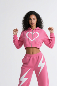 2025 Sudadera personalizada con capucha recortada y cremallera pesada Conjunto de dos piezas con estampado DTF Chándales para mujer - Product Image 3