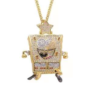 Colgante de Personaje de Dibujos Animados de Bob Esponja con Incrustaciones de Diamantes de Imitación, Chapado en Oro, Estilo Hip Hop, Bonito - Product Image 1