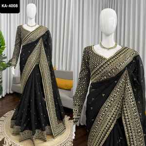 Sari Indio de Seda Negra con Lentejuelas y Bordado de Hilo para Fiestas, Sari Económico con Piezas de Blusa con Trabajo de Lentejuelas - Product Image 6