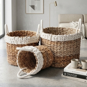 Ensemble de paniers en plastique recyclé à base de peau de banane naturelle, avec bordure en macramé blanc, poignée en arche, pot cylindrique, décoration artistique pure pour la maison - Product Image 5