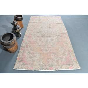 Vintage Turkish <b>Rug</b> 4.2 X 7.4ft Beige Pink Large Area Woolen Patchwork Latex Backing Rectangular Abstract for <b>Hallway</b> Room <b>Rug</b> - Product Image 1