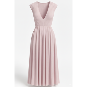 Fournisseur de vêtements en gros, robe midi élégante simple à manches courtes en tricot côtelé à col rond pour femmes, OEM ODM - Product Image 1