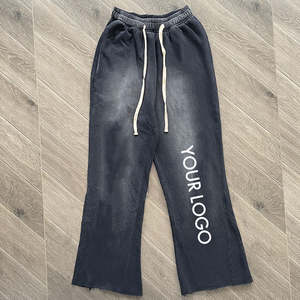 Streetwear 100% algodón crudo dobladillo corte borde ácido lavado Flare pantalones de lana personalizado Puff estampado pierna ancha pantalones de chándal Acampanados para hombres - Product Image 3