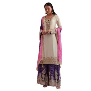 <b>White</b> <b>And</b> Purple Palazzo Set With <b>Pink</b> Dupatta Wholesale Women Ethnic OEM Clothing Factory Supplier Custom Party Wear Outfit - Product Image 3