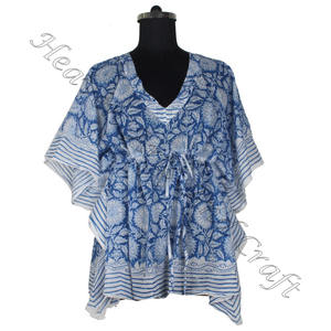 100% coton femmes vêtements de nuit main bloc imprimé caftan robe KFCS029 poids léger femmes décontracté Occasion porter courte Caftan robe - Product Image 1