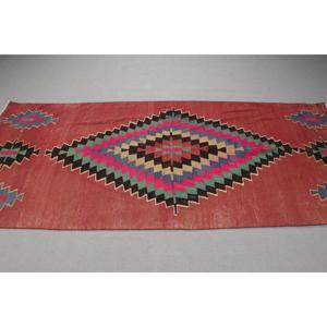 Tapis turc 3,7x8,6 pieds, tapis à carreaux rouge et bleu en laine - Product Image 3