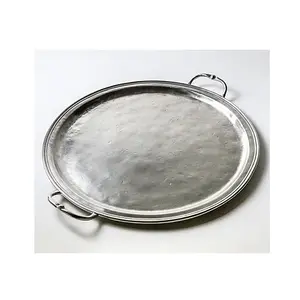 Round Serving Tray with Handles Casted Aluminium Nickel Finished New Design Food Serving Tray Decorative Metal Tray