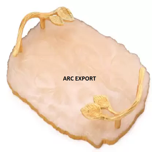 Resina de Color naranja claro con mango de diseño de hoja dorada para la bandeja de servicio de calentador de comida de Material de mármol más vendida a la venta - Product Image 1