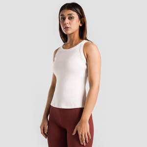 Camiseta sin mangas acanalada blanca transpirable para mujer, top corto informal para gimnasio con decoración de bordado frontal, hecha de seda y elastano. - Product Image 1