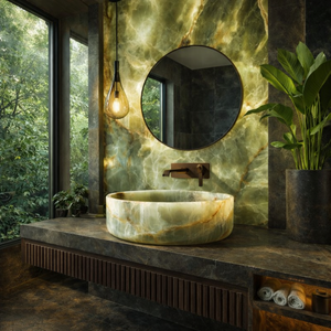 Lavabo de baño de ónix verde premium, lavabo redondo de piedra hecho a mano, lavabo de mármol de lujo para decoración interior de baños - Product Image 1