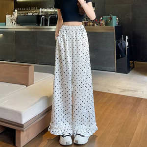 Nueva Primavera Verano tejido de lunares transpirable cintura elástica cintura alta Casual suelto recto pantalones de pierna ancha Pantalones de mujer - Product Image 1