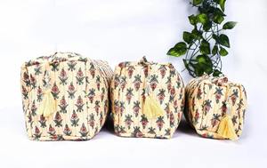 Handmade Block Print Quilted Cotton Large Cosmetic Bag Set Eco-Friendly for Toiletry Organizer Zipper <b>Light</b> Yellow Waterproof - Product Image 4