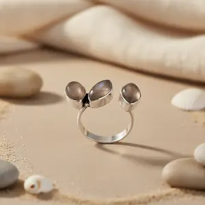 "Women's <b>Statement</b> Brass-Gemstone <b>Ring</b> with Moonstone & 925 Silver Plating Ethnic Bezel Setting" - Product Image 3