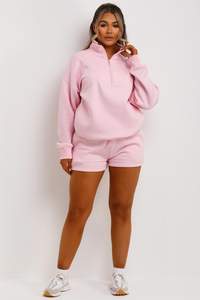 Alta demanda personalizado Rosa 2 piezas mujer media cremallera sudadera y pantalones cortos conjunto de chándal mujer Sudadera con capucha y conjunto corto Mujer 2 piezas conjunto - Product Image 4