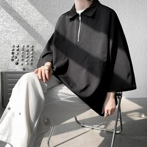 Camisetas básicas con cremallera y cuello de polo, ropa de manga informal de verano para hombre, polos empalmados con bolsillos elegantes coreanos de Color sólido - Product Image 6