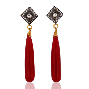 Boucles d'oreilles pendantes en argent plaqué or jaune avec pierre précieuse rouge aventurine CZ tendance, bijoux de créateur - Product Image 3