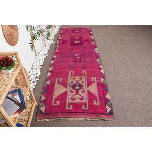 Vintage 3.2x10.4 ft <b>Runner</b> <b>Rug</b>, Turkish <b>Rug</b>, Herki Pink Bordered <b>Rug</b> - Product Image 1