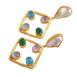 Boucles d'oreilles pendantes géométriques en laiton naturel, perle d'eau douce, pierre naturelle, finition laiton satiné, sans nickel, durables, qualité export en vrac - Product Image 2