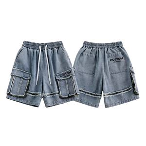 Shorts Cargo Utilitaires en Jean 6 Poches Personnalisés 2026 de Qualité Supérieure pour Hommes, Demi-Pantalon 100% Coton Uni Effet Vieilli - Product Image 1