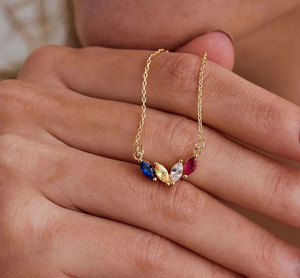 Collier barre multicolore en pierres précieuses marquise, plaqué or 10 carats, maillons sertis à griffes, fait main, bijoux de luxe tendance pour cadeau de mariage - Product Image 1