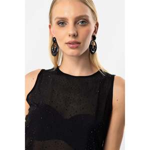 Top Corto de Tul sin Mangas para Mujer, Sexy, Casual, Ajustado, con Pedrería Brillante, Transpirable, Talla XL, Precio Económico - Product Image 3