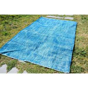 Modern Blue Vintage Turkish Rug 5.3 X 8.7 ft Wool Latex Backing Rectangular Patchwork Pattern Style Tabriz for Bedroom Model Rug - Product Image 2